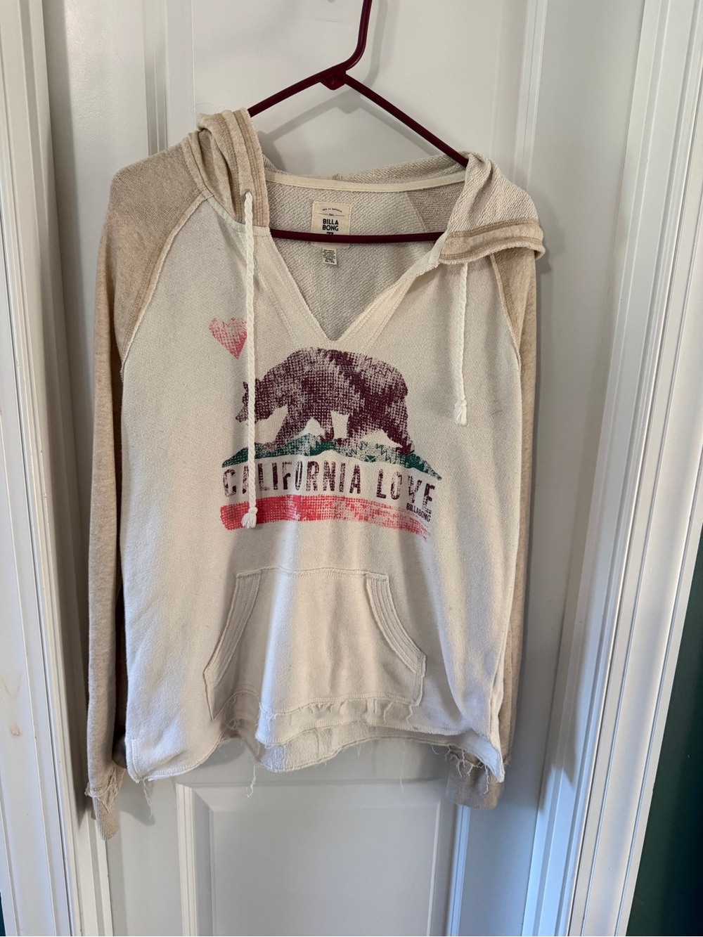 Billabong Cream V-Neck Hooded Pullover with California Bear Graphic